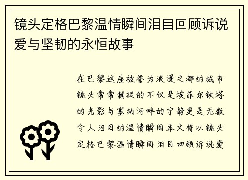 镜头定格巴黎温情瞬间泪目回顾诉说爱与坚韧的永恒故事